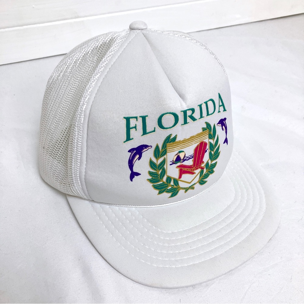 Vintage white mesh trucker hat Florida tourist SnapBack 80s 90s dolphin beach